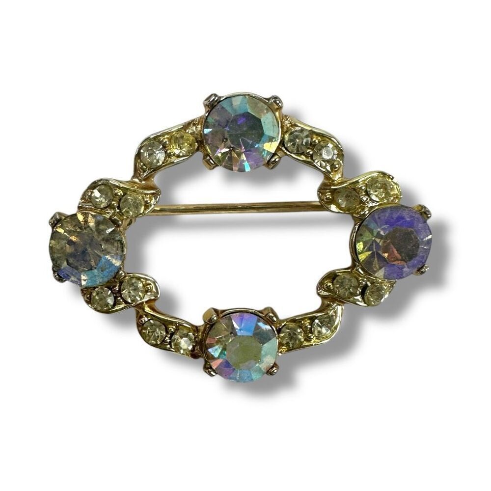 Vintage Aurora Borealis Rhinestone Crystal‎ Wreath Brooch Pin Clear Sparkle Glam
